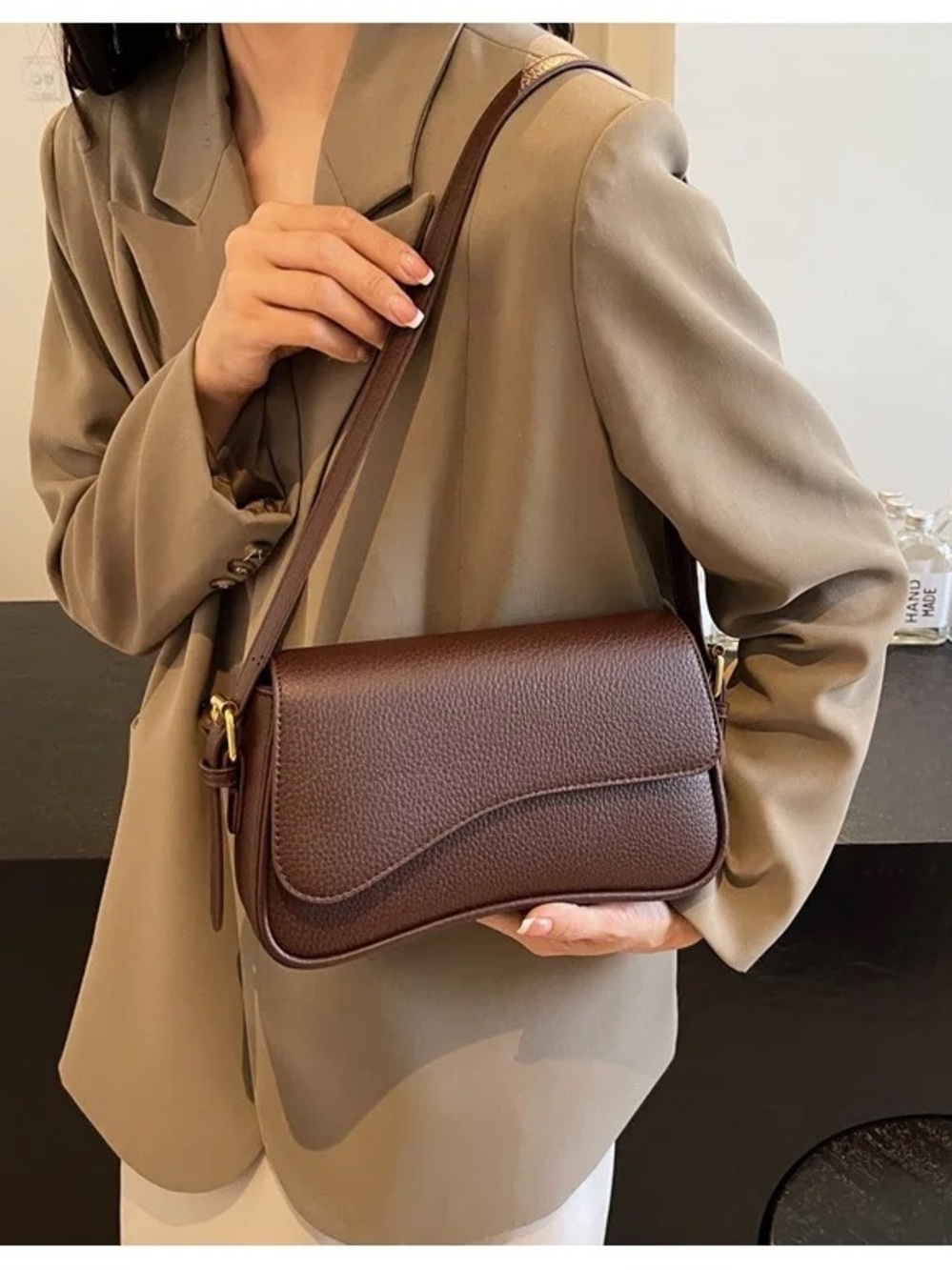 Zara Chocolate Brown Pebbled Leather Crossbody Bag